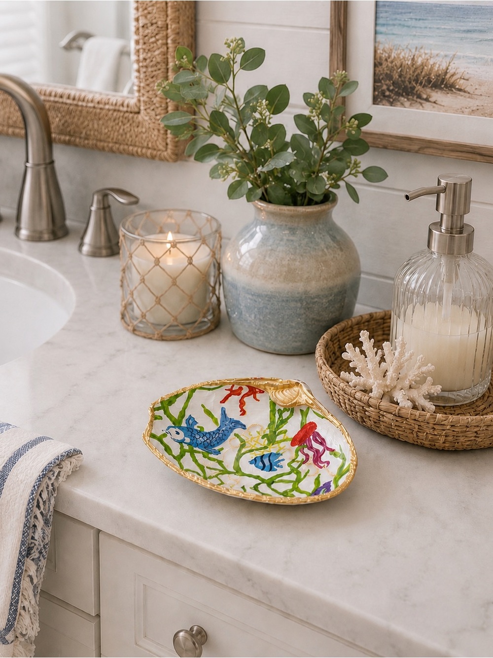 Handmade Decoupage Clam Shell Jewelry Dish | Coastal Trinket Tray, Nautical Gift - Picture 4 of 5